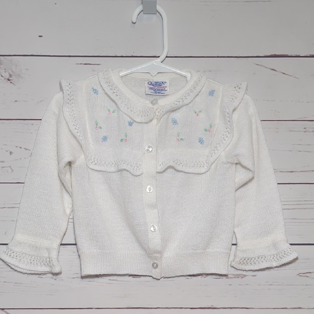 Vintage Quiltex White Baby Girl Infant Cardigan Easter Spring Floral Size 12 MO.